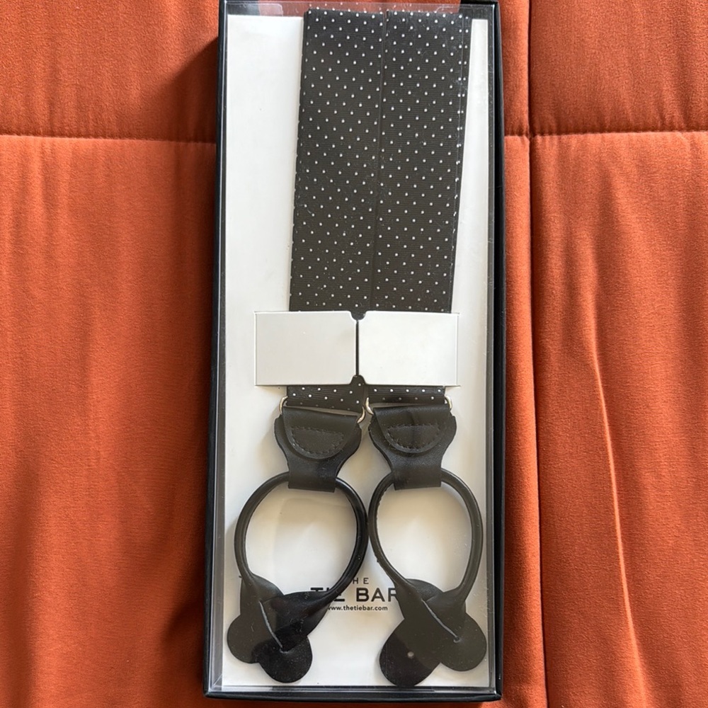 The Tie Bar Black Loop Suspenders with White Dots